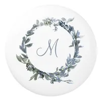 Dusty Blue Botanical Wreath Monogram Ceramic Knob