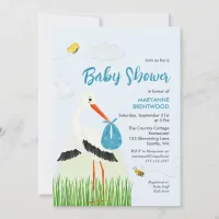 Rustic Stork with Bee & Butterfly Boy Baby Shower Invitation