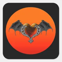 Halloween Goth Orange Heart with Bat Wings Sticker