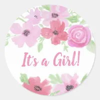 It's a Girl, Watercolor Pink Floral Baby Shower Classic Round Sticker