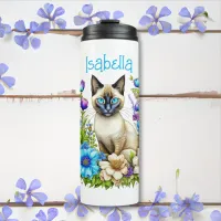 Personalized Ai Watercolor Siamese Cat in Flowers Thermal Tumbler