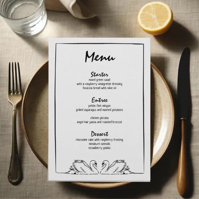 Simple Timeless Hand Drawn Swan Bridal Shower Menu