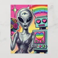 Robot and Alien in Love Postcard