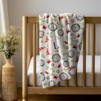 Woodland Hedgehog Roses Monogram Initial Girl Baby Blanket