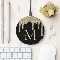 Black and Gold Glitter Drips Sparkle Monogram Wireless Charger