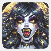 Vampire with Gold Fangs Full Moon Halloween Party Square Sticker