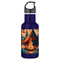 Tent and Campfire Vintage Colors Art Stainless Steel Water Bottle