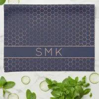 Girly Rose Gold Foil Navy Blue Geometric Monogram Kitchen Towel