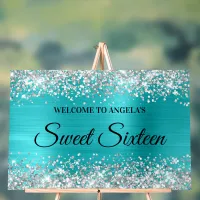 Silver Glitter Turquoise Blue Sweet Sixteen Acrylic Sign