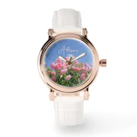 Pink rose bush under blue sky, custom  watch