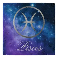 Grey Zodiac Pisces & sign on blue galaxy | Trivet