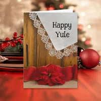 Rustic Poinsettia Flower and Red Ribbon Happy Yule Holiday Card