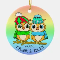 Personalized LGBT Love Birds Owls Christmas Ceramic Ornament