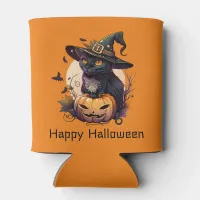 Happy Halloween Black Cat Jack-o-Lantern Orange Can Cooler