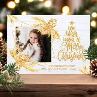 Gold Rustic Pine Wood Holiday Photo Christmas Card