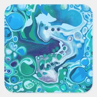 Blue and Green Digital Marble Fluid Art Square Sticker