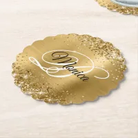 Glittery Gold Foil Fancy Monogram Paper Coaster