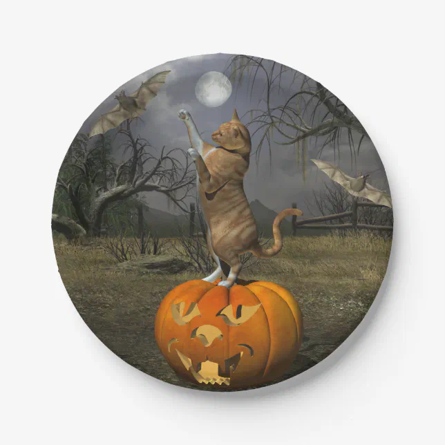 Cute Halloween Orange Cat Batting Bats Paper Plates