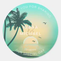 Tropical Isle Sunrise Wedding Thanks Teal ID581 Classic Round Sticker