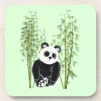 Cute Panda Sitting In Bamboo Beverage Coaster