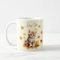 Cute Orange Tabby Kitten in Fall Leaves Coffee Mug