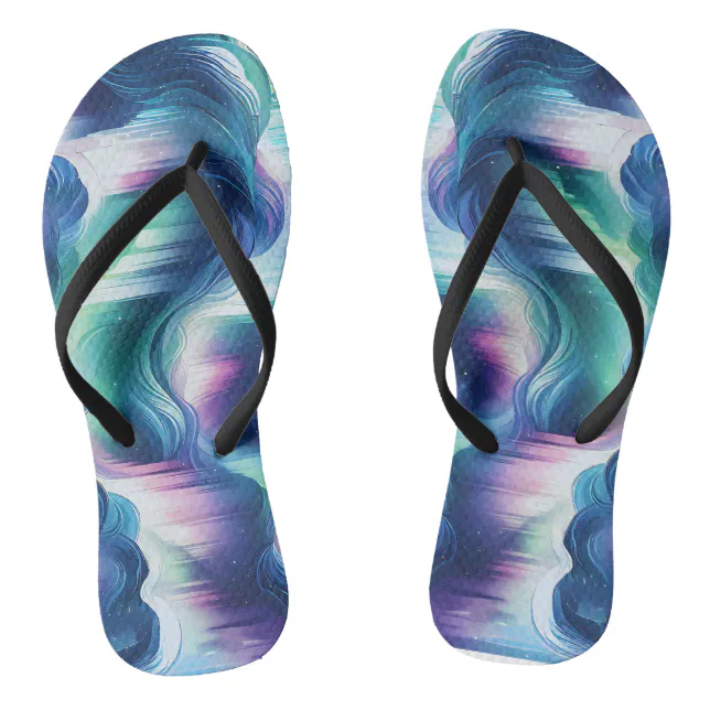 Celestial Northern Lights, Galaxy green navy purpl Flip Flops