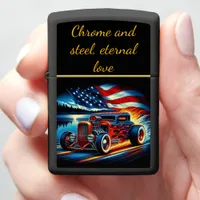 Hot rod racing with flames against a river   zippo lighter