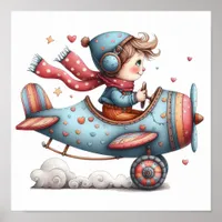 Cute Nursery Art Poster Child Flying Old Airplane