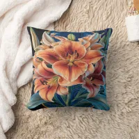 Orange Lilies Bloom on Blue Throw Pillow