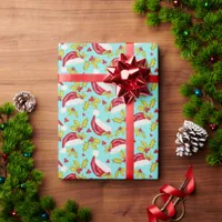 Classic Santa Hat Holly Novelty Aqua Fun Christmas Wrapping Paper