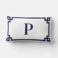 Navy Greek Key Border Single Letter Monogram Lumbar Pillow