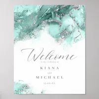 Marble Glitter Wedding Welcome Teal Silver ID644 Poster