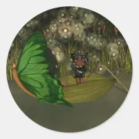 Cute Fairy in Boat with Fireflies Classic Round Sticker