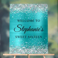 Silver Glitter Turquoise Blue Foil Sweet Sixteen Acrylic Sign