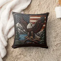 Bald Eagle With American Flag and Mountains Throw Pillow