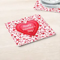 Valentine's Day Red Confetti Hearts Personalized Square Paper Coaster