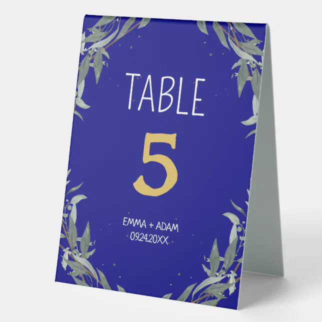 Simple Eucalyptus Greenery Navy Blue and Gold Table Tent Sign