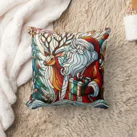 Santa, reindeer, and gifts by trees' throw pillow