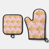 Pale Pink Faux Gold Rose Flower Floral Elegant Oven Mitt & Pot Holder Set