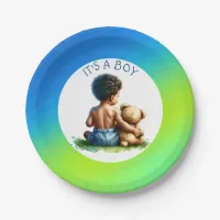 African-American Baby Boy with Teddy Baby Shower  Paper Plates