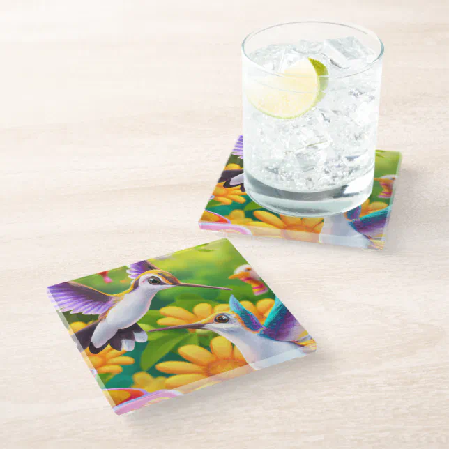Colorful Hummingbirds in Flight Over Flowers Glass Coaster