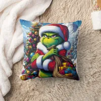 The Grinch plots near a Christmas tree in winter Throw Pillow