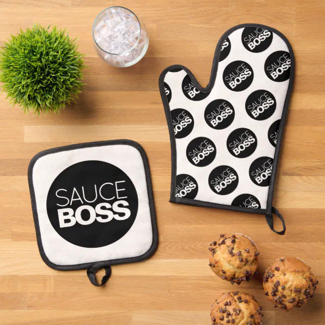 Funny Minimalist Bold Sauce Boss Oven Mitt & Pot Holder Set