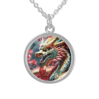 Fire breathing dragon gold blue and red scales sterling silver necklace