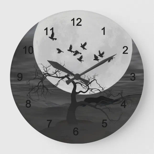 Spooky Ravens Flying Against the Full Moon Large Clock
