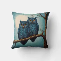 Cute blue Pair of Owls sitting on a branch  Throw Pillow