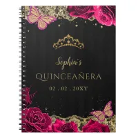 Pink Roses Black Gold Lace Quincea&#241;era Guestbook Notebook