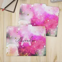 Cosmic Galaxy Stars Pink Clouds Fancy Chic Script File Folder