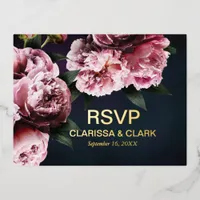 Chic Pink Peonies Foil RSVP Wedding Postcard