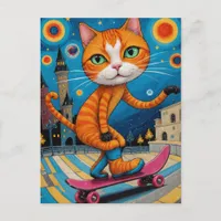 Funny Skateboarding Surreal Ginger Cat Postcard